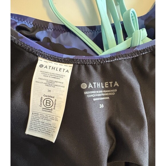 Athleta Freestyle Blue Camo One Piece Swimsuit Size 36 Strappy Back - Picture 7 of 7